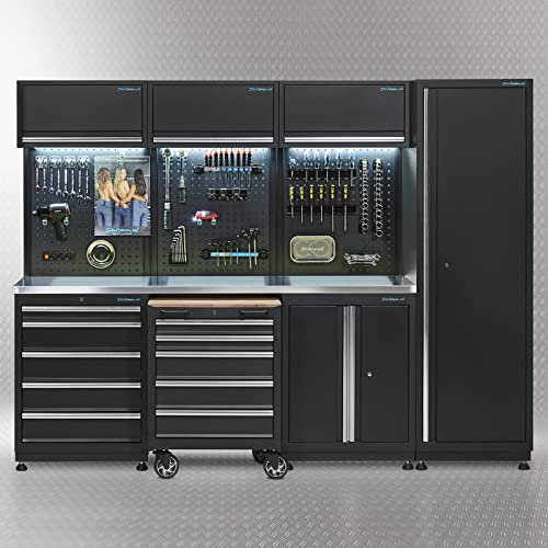 Datona Werkstatteinrichtung Premium 265 cm Edelstahl Arbeitsplatte 204 cm Werkbank 10 Schubladen Werkstattschrank Hängeschränke Lochwand LED und Steckdosen