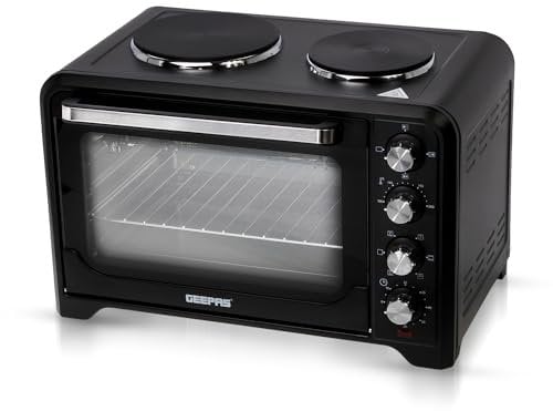 Geepas 38L Mini Oven & Grill with Double Hotplate | 1600W & 60 Minutes Timer | Rotisserie Function & 6 Selectors for Baking & Grilling | 5 Accessories Included & Convection Function – 2 Years Warranty