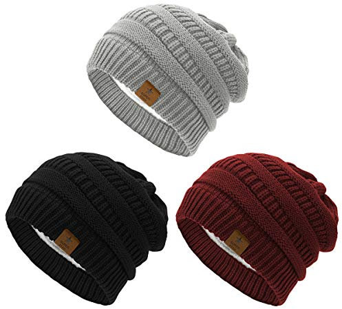 Durio Strickmütze für Damen, Winter, dick, solides Fleece, gefüttert, Beanie-Mütze für Damen und Herren, Unisex, warme Skimützen, J Schwarz & Hellgrau & Burgunderrot, Einheitsgröße