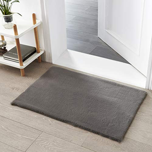 Teppich Wölkchen Fellteppich Kunstfell Teppich Waschbar, Hasenfell Imitat, Kaninchenfell, Kurzfell - Flauschiger Teppich Wohnzimmer, Bettvorleger Schlafzimmer, Teppich Fell - Dunkelgrau - 60x90cm