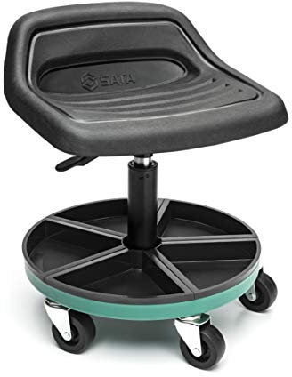 SATA Rollhocker mit Traktorsitz & magn. Ablagen ST95440 (Arbeitshocker Drehhocker Hocker Arbeitsdrehhocker Werkstatthocker Stuhl), Gummimaterial des Sitzes ist öl- und lösungsmittelbeständig