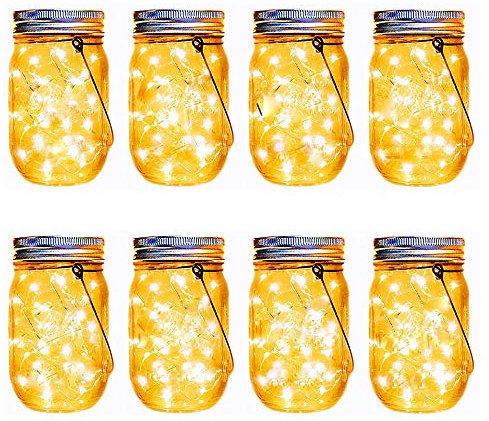 Aikeve Mason Jar Solar Lights,8 Pack 30 Led Fairy Hanging Jar Lights,Solar Lanterns for Outdoor Patio Party Garden Wedding Christmas Decor Lights(Mason Jars/Handles Included)