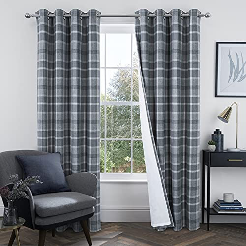 always4u Karierte Vorhänge für Schlafzimmer Wohnzimmer, 100% Verdunkelung, Thermisch, vollständig gefüttert, Wolloptik, kariert, Vorhänge, Grau, 2 Paneele, 2 Paneele, Grau