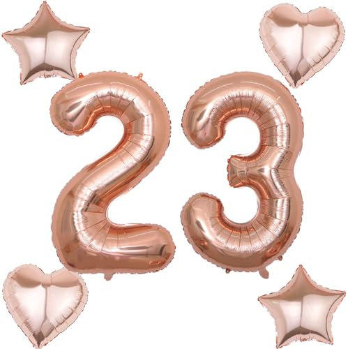 2 Luftballons Zahl 23 rosegold+4 pcs herz/stern Folienballon 23 .Geburtstag Deko frau rosegold ,40 Luftballons 23 .geburtstagsdeko frauen 23 jahre,ballon 23. geburtstag deko frau(rosegold 23)