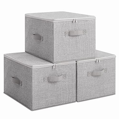 SONGMICS Aufbewahrungsbox mit Deckel, 3er Set, faltbare Stoffbox mit Griffen, Aufbewahrung für Kleidung, 40 x 30 x 25 cm, Vliesstoff, taubengrau RZB003W01