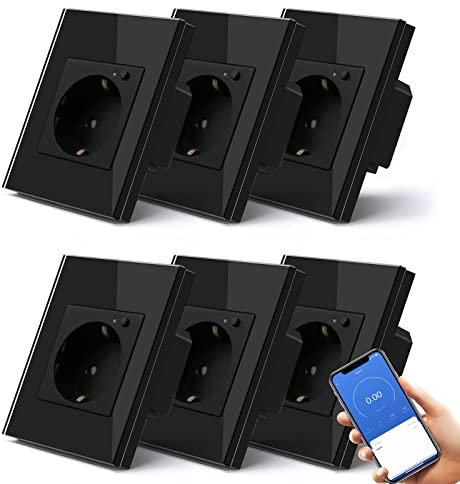 BSEED Smart Schuko Steckdose Unterputz mit Energieüberwachung, 6 Pack Wlan Glassteckdose Stromverbrauch messen, APP-Steuerung Arbeit mit Alexa/Google Home, Zeitpläne, Timer, Nur 2.4GHz WiFi Schawarz