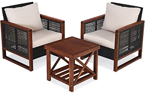 HAPPYGRILL 3-teiliges Outdoor-Terrassenmöbel-Set aus Korbgeflecht mit Couchtisch, Balkon, Veranda, Bistro-Set mit Holzrahmen und waschbaren Kissen für Garten, Pool, Hinterhof