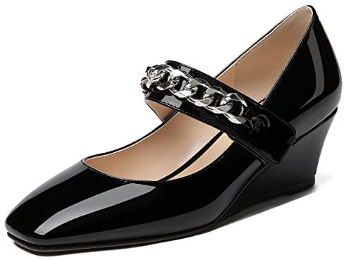 WAYDERNS Damen Klettverschluss Lack Metall Kette Quadratische Zehe Mary Jane Keilabsatz Pumps Schuhe 2 Zoll, schwarz, 41 EU