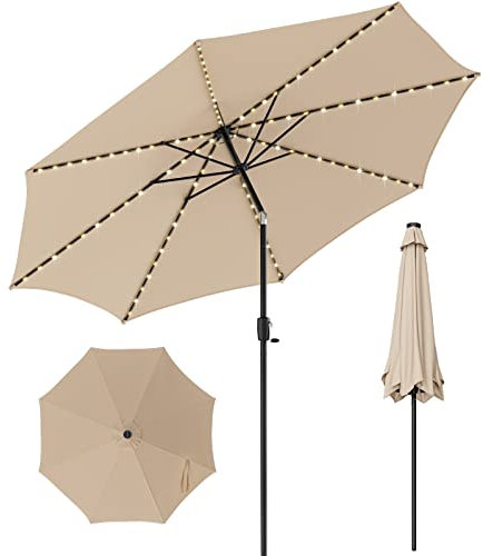 COSTWAY 3m Garden Parasol, 112 Solar Powered LED Lights Patio Umbrella with Tilt, Crank Handle & Vented Top, 8 Ribs UV Protective Outdoor Table Sun Shade for Market Yard Pool (Beige)