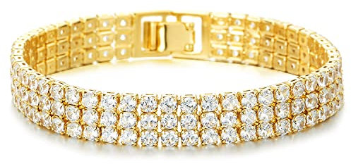 COOLSTEELANDBEYOND Scintillanti Donna Tre File Cristallo Strass Cluster Zirconi Pavé Colore Oro Bracciale