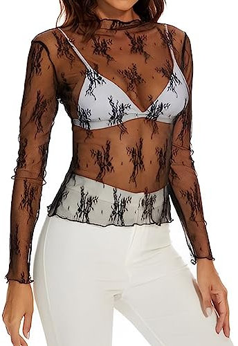 SamHeng Women Long Sleeves Sheer Mesh Tops Sexy See-Through Fishnet Slim Tops Party Clubwear Black