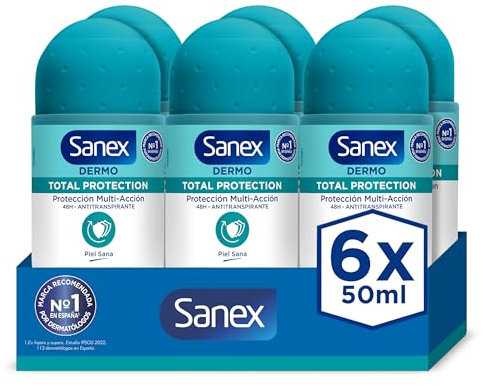 Sanex Dermo Total Protection Desodorante Roll-On, Pack 6 Uds x 50ml, hasta 48 Horas de Protección contra el Sudor y el Olor, Desodorante Antitranspirante, Dermatológicamente Testado
