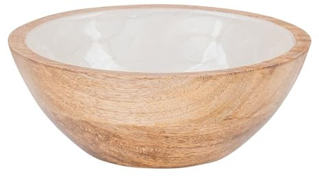 levandeo Schüssel 15cm Mango Holz Creme Perlmutt Emaille Schale Bowl Salatschüssel Deko Servierplatte Tischdeko Dekoration