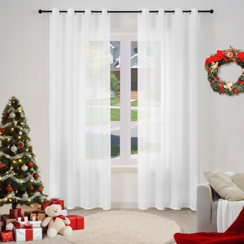 WOLTU 2er Set Gardinenn mit Ösen, Vorhang für Wohnzimmer Schlafzimmer, Leinenoptik, Halbtransparent, modern, 135 x 245 cm, Weiß