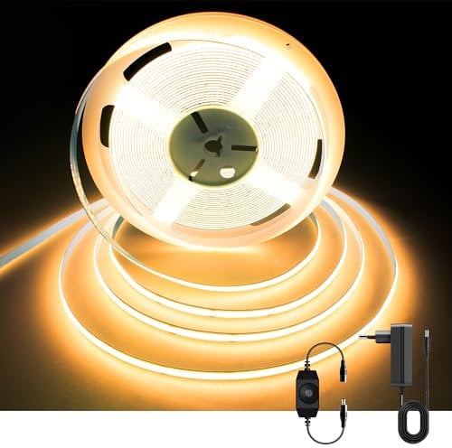 AXMOTUT COB LED Streifen 10m, Warmweiss 2700K 24V 320LEDs/M CRI90 LED Strip Light, Dimmbar LED Streifen mit Netzteil, für Zuhause Partei deko, DIY Dekoration