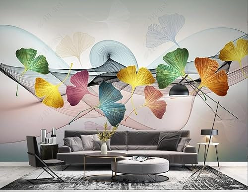 Papier Peint Intissé Feuilles De Ginkgo Colorées Dessinées À La Main Décoration Murale Tapisserie Trompe L'Oeil Salon Chambre Art Mural 350Cm(W)*256Cm(H)