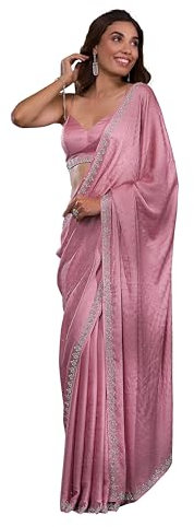 TRENDMALLS Siroski - Sari da lavoro in georgette di raso, da donna, con blusa, rosa, taglia unica