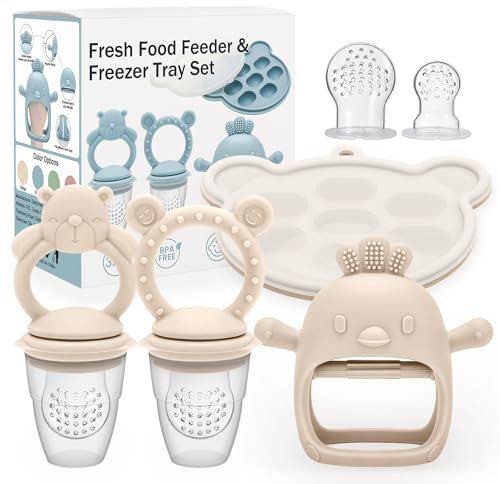 Tetine Grignoteuse Bébé, Sucette Fruit pour Bebe, Livré avec 2 récipients de conservation pour aliments pour bébé, Inclut 3 Tailles de Tétines, Jouets de dentition pour Bébés de 3-24 Mois Sans BPA