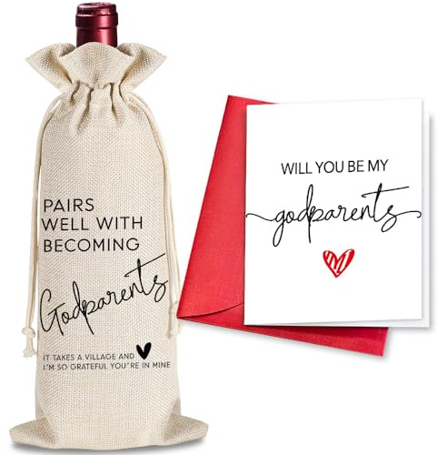Sac de vin pour parrain et marraine, cadeau idéal pour les parrains, marraine, baptême, tante, oncle, 1 sac de vin avec 1 carte « Will You Be My Godparents »