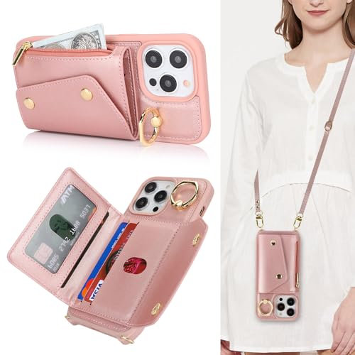 Lipvina Cover per iPhone 13 Pro con cordino Porta Carte Custodia iPhone 13 Pro con cerniera cordino Ring portafoglio donna - Rosa