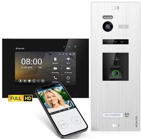 Balter EVO-HD Video Türsprechanlage mit Fingerprint, Video Türklingel, Smartphone App,1 Familienhaus, 1x 7 Zoll Monitore, Türklingel mit Kamera Full HD, 2 Draht Bus, 175° Weitwinkel, RFID,1080P