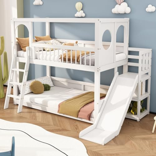 Qiang Lit Cabane Enfant 90x200 avec Escalier Et Toboggan,Lit Superposé Enfant,Lit Mezzanine Multifonctionnel,sans Matelas,Bois Massif,Blanc,pour 2 Enfants,Adolescents,Adultes