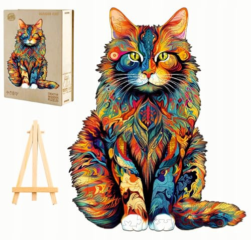 PASJO Holzpuzzle Erwachsene Katze Maine Coon 300 Teile 43x33,6 cm Holzbox Mini-Staffelei Unregelmäßige Einzigartige Tierformen