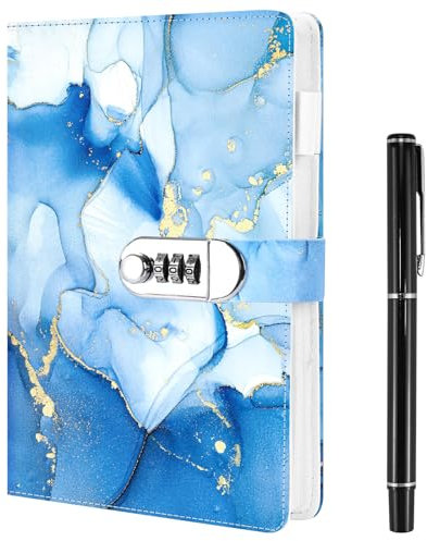 WHENZOO Diary with Lock, A5 PU Leather Journal with Lock 120 Sheets Blue Password Locked Travel Notebook with Pen A5 Fashion Password Book with Lock Diary Creative Handbook Student Note Book - Blue