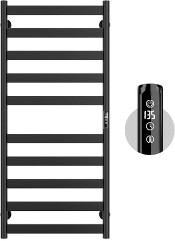 Electric Towel Warmer Rack, 10-Bar Stainless Steel Heated Tower Rack with Built-in Timer, Wall Mounted, Plug-in/Hardwired, Black