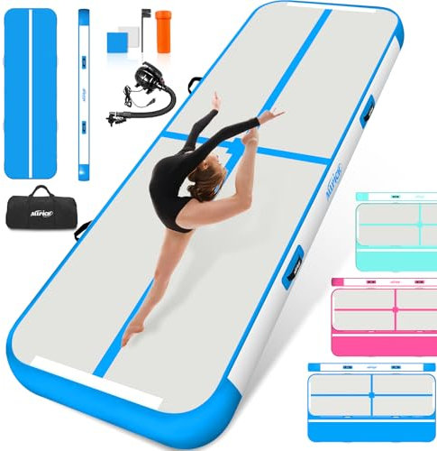ALLPICK Turnmatte Aufblasbar mit elektrischer Luftpumpe, Länge 3/4/5/6 m Trainingsmatte, 10/20 cm hoch Tumbling Matte, Doppelseitiges Design Aufblasbar für Gymnastikmatte, Yoga -Blau 300*100*10 cm
