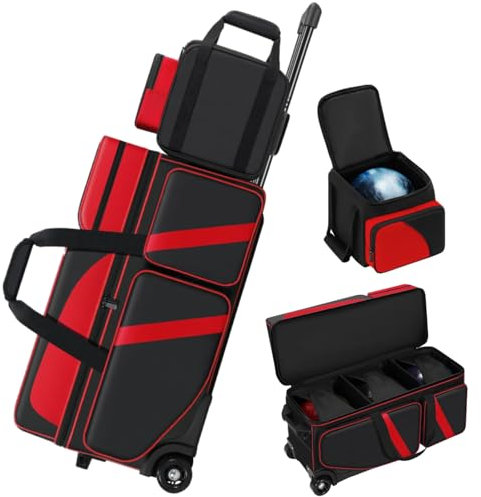 Bowlingtasche mit 4 Kugeln, Rollen, mehreren Taschen, sichere Schnalle und Schuhfach, 3-Ball-Zusatztasche (rot)