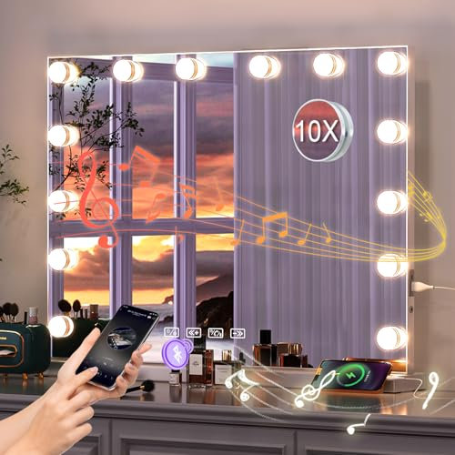 Dradaomull Bluetooth Schminkspiegel mit Beleuchtung, Hollywood Spiegel mit 14 Lampen, 3 Lichtfarben, Spiegel mit Licht und 10x-Lupe, Wandspiegel, Tischspiegel für Make up Spiegel- 50x40cm