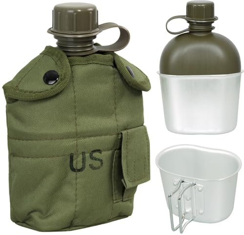 DOMINATOR URBAN COMBAT Gourde militaire américaine de 1 l avec gobelet de 0,5 l - Bouteille militaire de 1 l avec gobelet en aluminium - Bouteille d'eau de camping avec sac en tissu - Olive