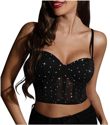 Sequin Tops for Women UK Sparkly Corset Tops Bustier Crop Top Party Sexy Going Out Strappy Crop Bra Vests Corset Cami Ladies Glitter for Wedding Party Clubwear