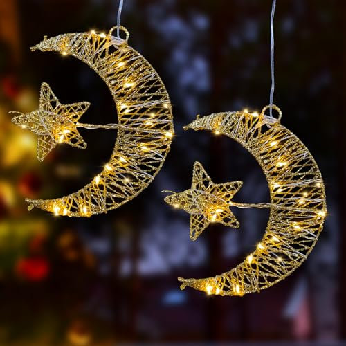 2 Stück Ramadan Deko Mondlampe, Eisen Eid Mubarak Dekoration LED Stern Mond Lamp Batteriebetrieben, Eid Mubarak Halbmond Lampe Ramadan Mubarak, Ramadan Dekoration Für Wohnzimmer Fenster(Gold)