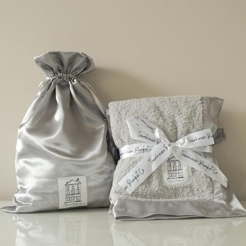 Townhouse Blanket Co - Baby Blanket - Fine Chenille Soft Blanket with Satin Trim in Satin Gift Bag - Pram Blanket - Newborn Baby Essentials & Baby Gifts - 74cm x 89cm (29x35) (Silver)