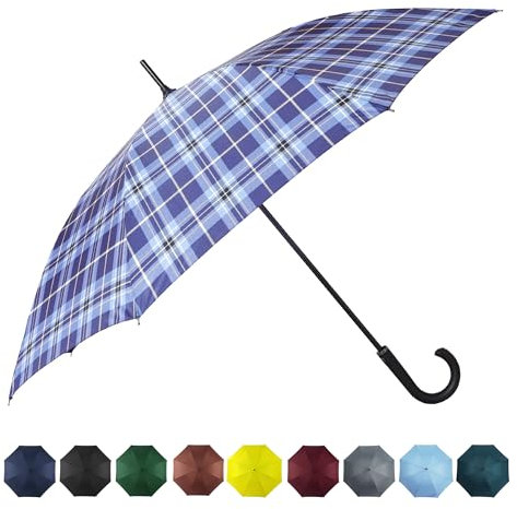 SoulRain 127,7 cm großer Stockschirm, winddicht, automatisches Öffnen, übergroßer J-Griff, Regenschirme für Damen und Herren, unzerbrechlich, stark, Reise-Golfschirm (blau mit kariert)