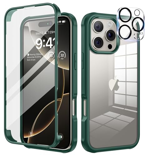 seacosmo for iPhone 16 Pro Max Case with Tempered Glass Protector, Green | Full Body Shockproof Protection Armour Cover, Camera Lens Protector, Slim Fit Bumper Dual Layer Protective Rugged Phone Case
