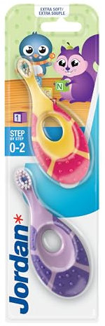 Jordan ® Step 1 Lot de 2 brosses à dents pour bébé de 0 à 2 ans, avec poils extra doux et anneau de dentition souple, pour bébé de 0 à 2 ans, rose et violet