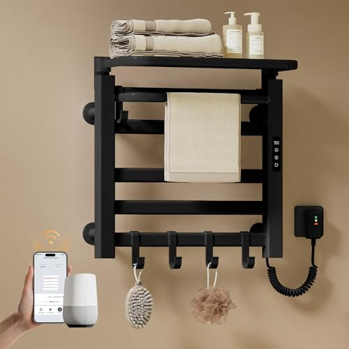 EMKE Handtuchheizkörper Elektrisch 50 x 50 cm, WiFi Smart Thermostat elektrischer Badheizkörper, Handtuchwärmer Elektrisch für Alexa und Google Home und APP Schwarz 140W