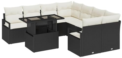 vidaXL 9-teiliges Garten-Sofaset mit Kissen in Schwarz aus Poly Rattan. Bequeme Sitzgelegenheit für modernes Wohnen draußen. Perfekt für Deine Terrasse oder den Patio.
