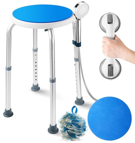 Casgee Duschhocker Höhenverstellbar 37-57cm, Duschstuhl 8 Stufen, Duschhocker für Senioren Belastbar bis 136kg, Badhocker mit Rutschfesten Gummifüßen für ältere Menschen, Senioren, Blau