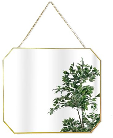 GreyZouq Rectangular (octagonal) Wall Mounted Mirror with Hanging Chain and Metal Frame (40 centimetres). For bathroom, bedroom, living room and hallway. (Gold)