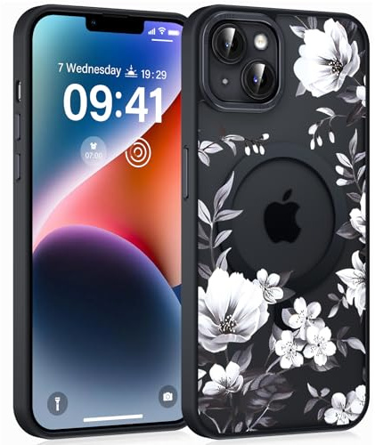 Coiwxmoi Magnetische Handyhülle für iPhone 14/iPhone 13 6,1 Hülle, Kompatibel mit MagSafe, Aesthetic Blumen Muster Transluzente Mädchen Case, Matte PC Dünn TPU Stoßfest Schutzhülle Cover - Schwarz 04