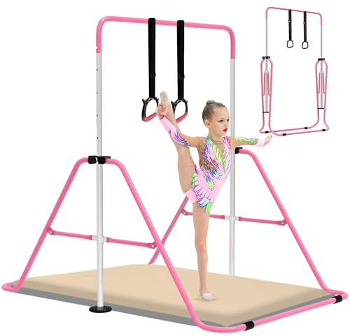 EVERYMILE Gymnastics Bars With Self-Inflating Mat,50mm Thick Inflatable Pad No Air Pump Needed Gymnastics Equipment for Home,Adjustable Height Folding Horizontal Bar with Rings