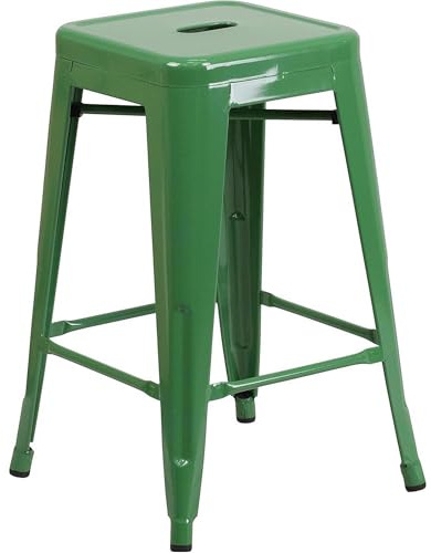 FWStyle Lily Green Industrial Backless Counter Stool – 61cm Seat Height, Drain Hole, Stackable & Fully Assembled – Kitchen, Bar, Café, Patio Seating