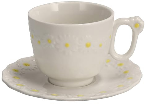 home&you - Kaffeetasse Daisy, 200ml, mit Untertasse, Tee Kaffeebecher, Espressotasse, Cappuccino Tasse, New Bone China Porzellan, Spülmaschinenfest, Mikrowellengeeignet - Weiß