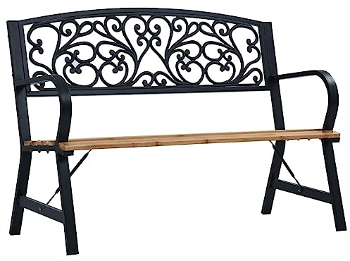 QUAHEAS Gartenbank 120cm Massivholz-Sitzfläche, Vintage Gusseisen Rückenlehne, wetterbeständige Outdoor Patio Bank für Garten Möbel, langlebige Sitzgelegenheit im Außenbereich