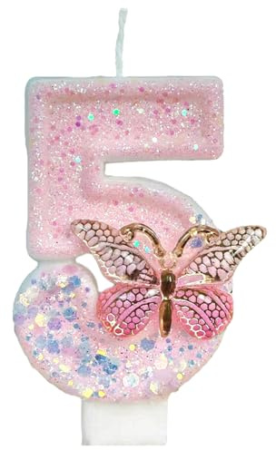 Ovanda Geburtstagskerzen Zahlen 5, Schmetterling Geburtstagskerzen | Rosa Schmetterling Kerzen Geburtstag,Kuchen Topper Dekoration,Schmetterlings Zahl 5 Kerzen für Kuchen,Geburtstag Cake Topper