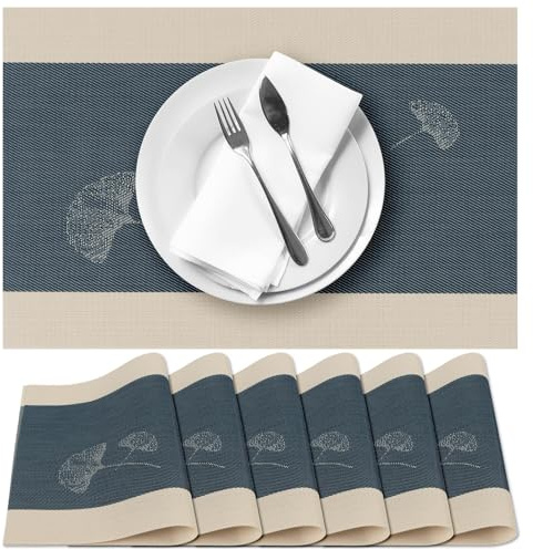 Terafeels 6er-Set Platzsets abwaschbar – Tischsets abwaschbar, Terafeels Platzdeckchen hitzebeständig, rutschfest Teller Untersetzer für Esstisch (Grau Blau)